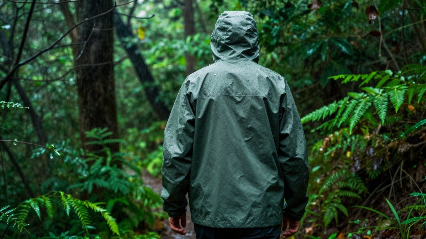 Wanderer mit Regenjacke im nassen grünen Wald