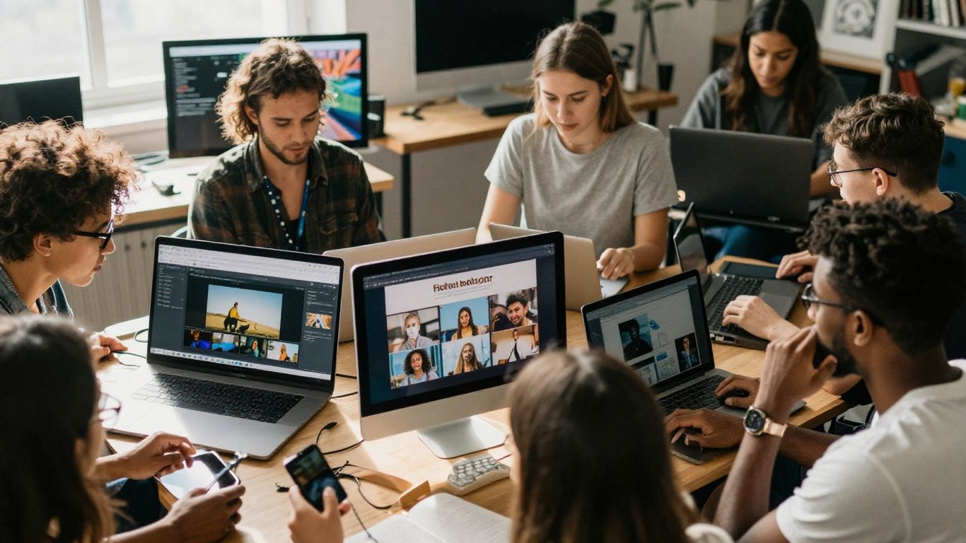 Personas interactuando con dispositivos multimedia en un entorno moderno.