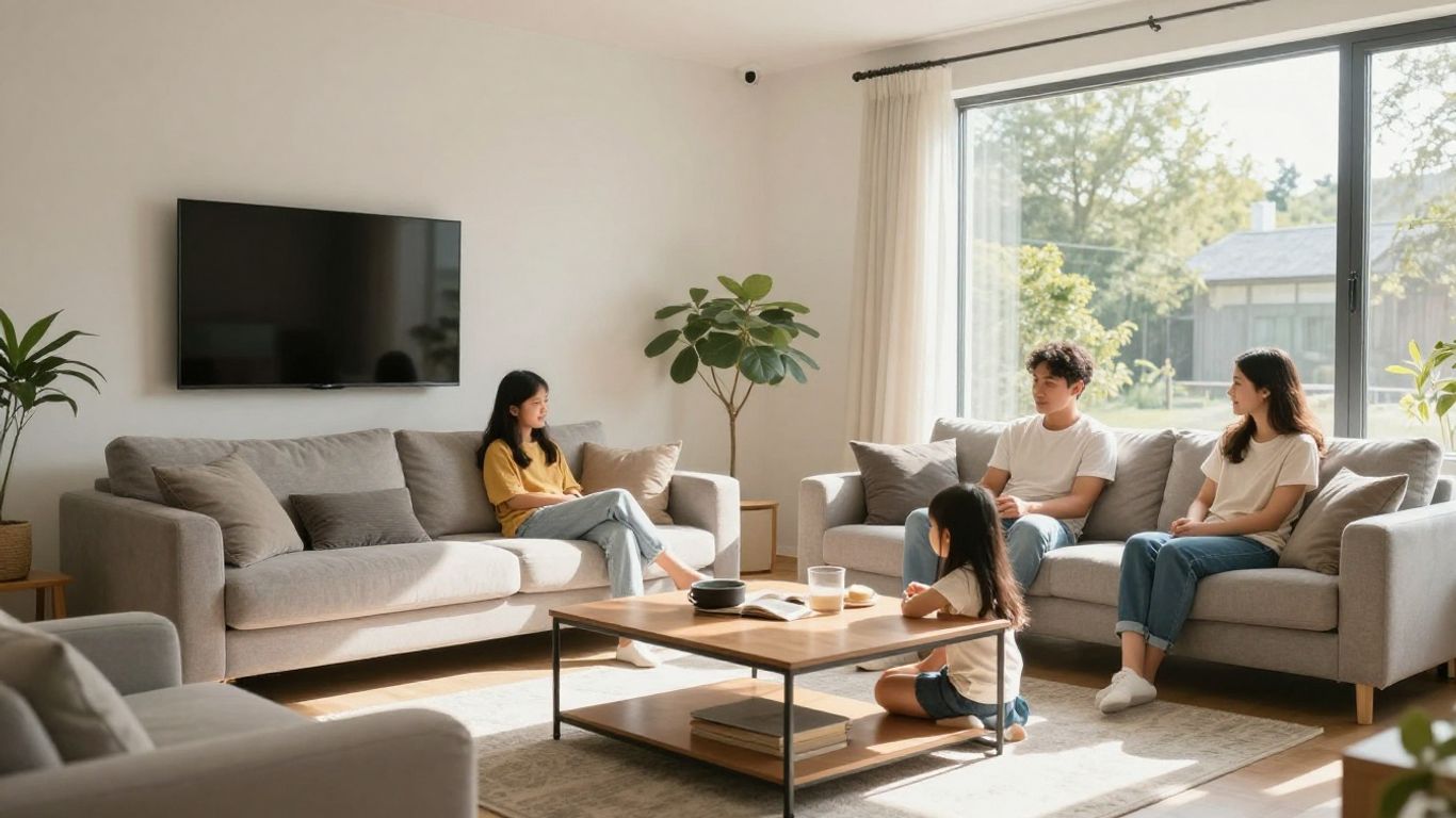 Familia feliz en un hogar seguro y protegido.
