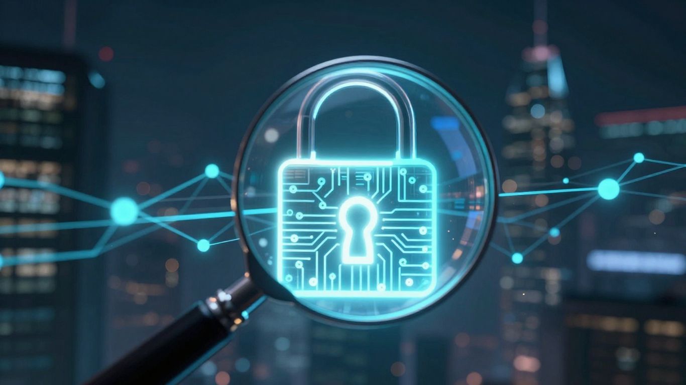 Blockchain auditing padlock with magnifying glass and digital city.