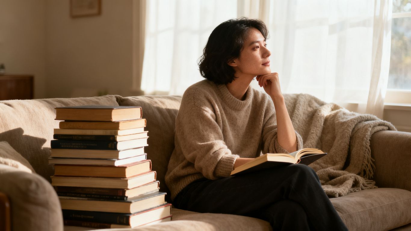Person relaxing with books, recovering from burnout.