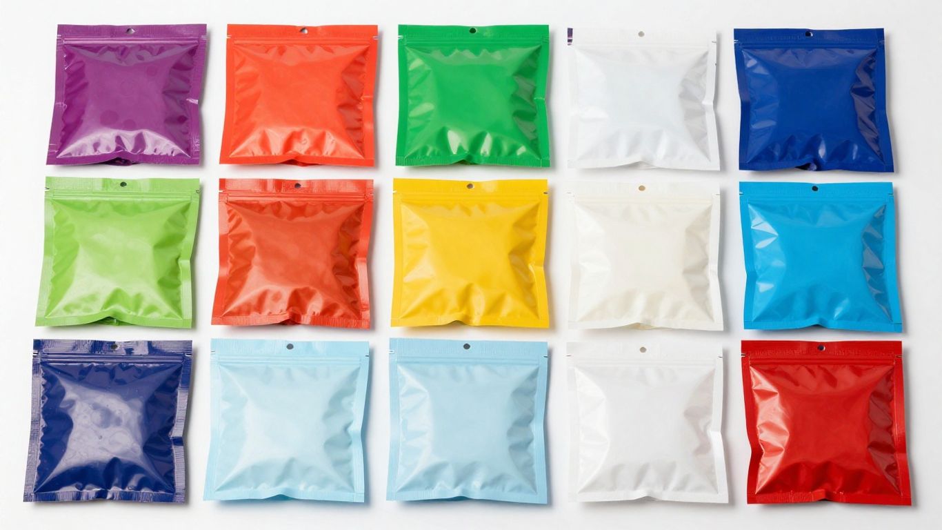 Custom printed stand-up pouches in various colours and sizes.