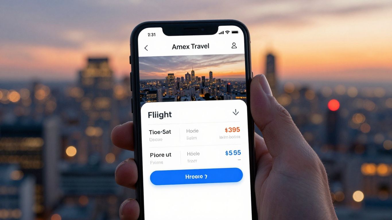Amex Travel app on a smartphone with city view
