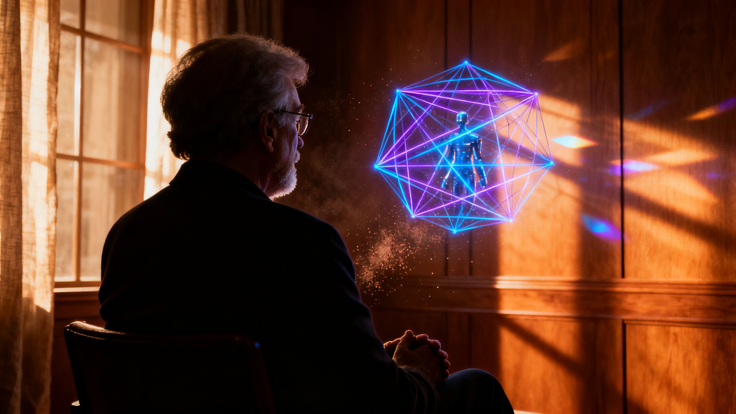 [Steven Spielberg] looking at a glowing AI visualization from behind.