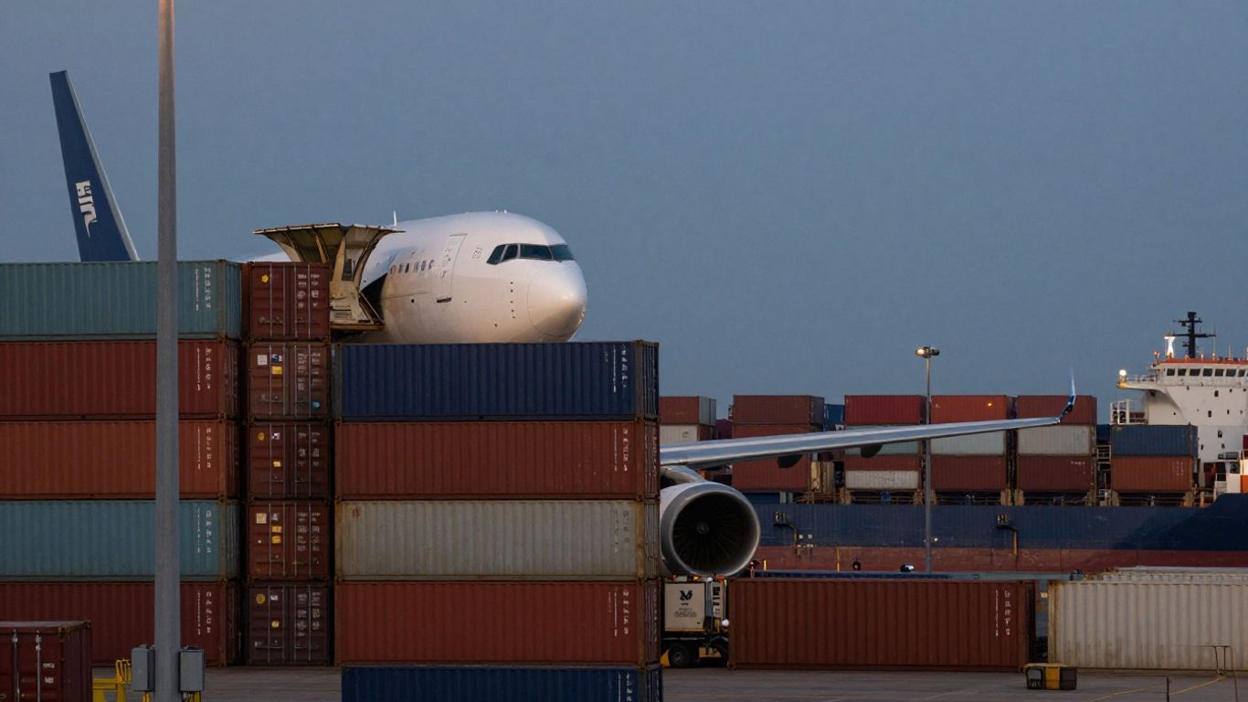 Airplane and cargo ship near freight terminal