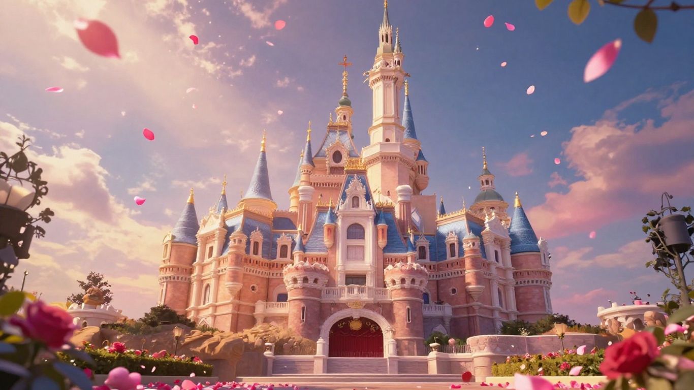 Magical castle with falling rose petals.