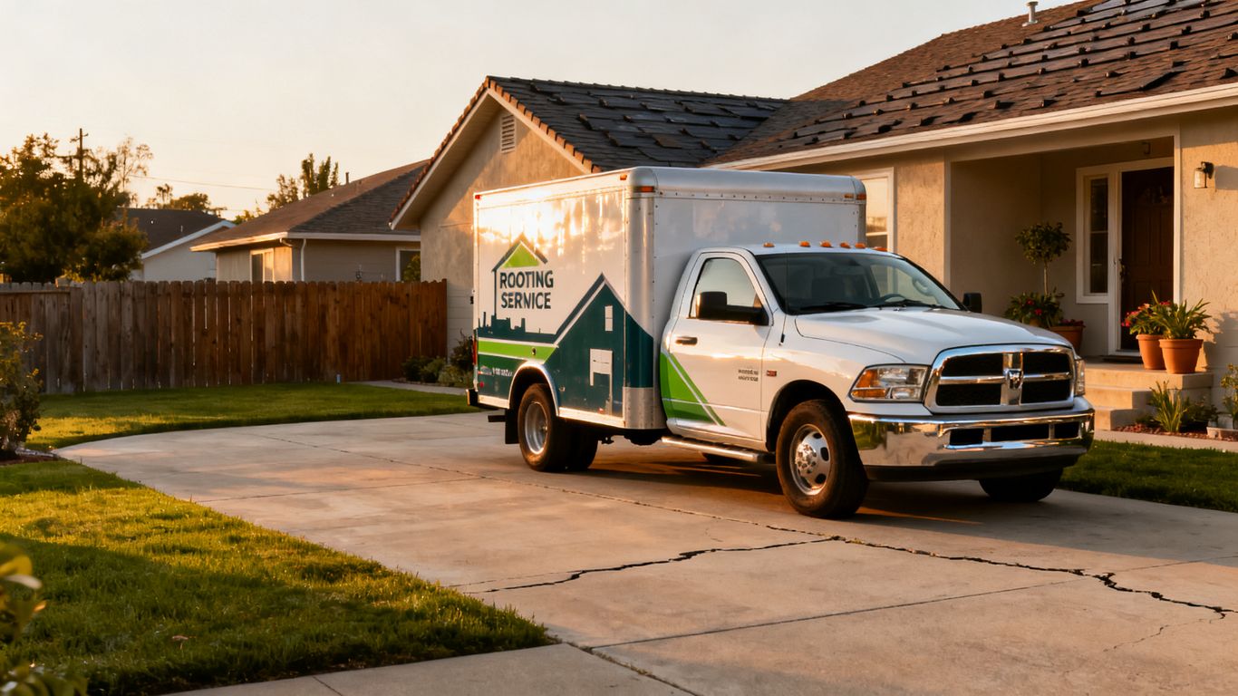Wrapped roofing service truck parked near suburban homes