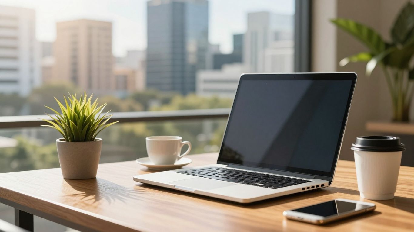 Australian entrepreneur working on laptop with city backdrop.