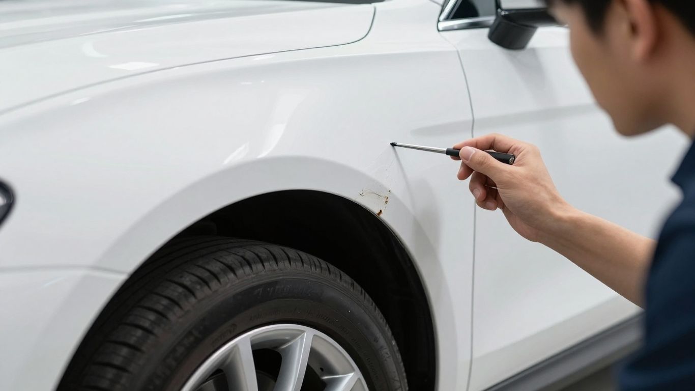 Gutachter prüft Auto, Fokus auf Karosserie.