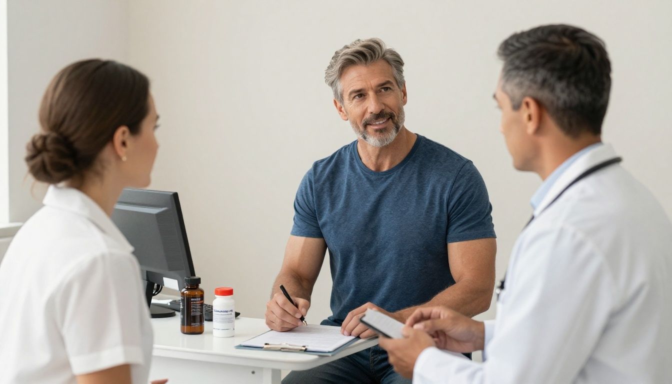 Premium men’s health clinic setting with a confident diverse man in his 40s speaking with a provider beside wellness and lab assessment materials, conveying metabolic health, vitality, and long-term performance; realistic photography, upscale neutral interior, no text or logos