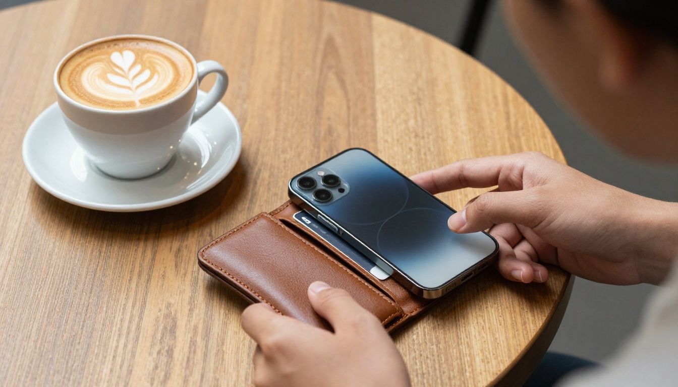 A person at a cafe in Melbourne easily paying for their coffee by tapping their iPhone 16 Plus, which is in a stylish leather wallet case holding their cards.