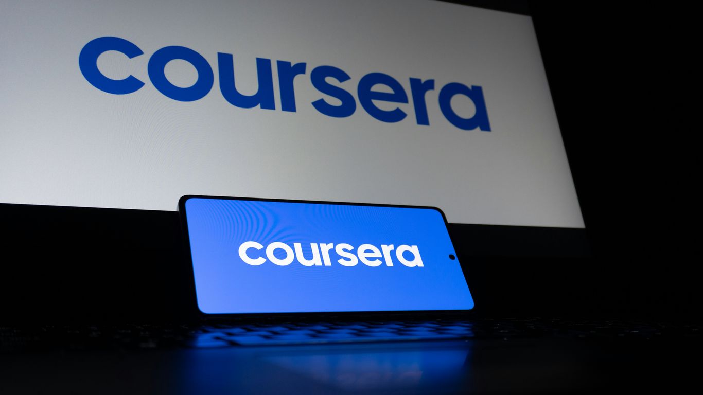 Coursera logo displayed on a laptop and phone screen.