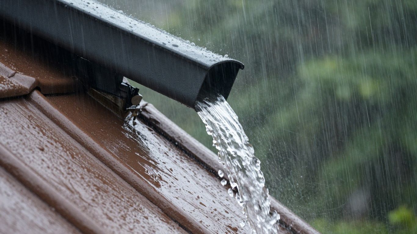 Roof valley channeling water into a gutter during rain.
