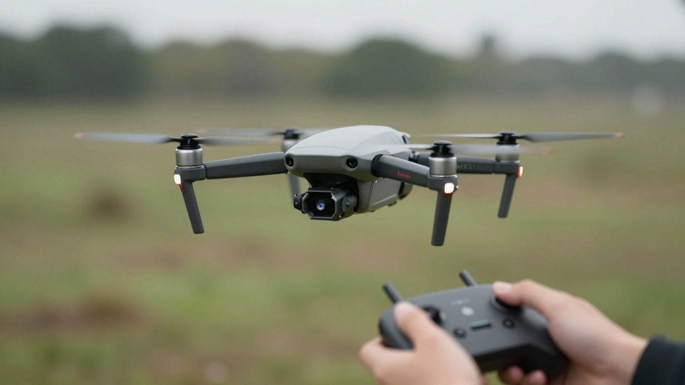 Drone hovering with a controller in foreground.