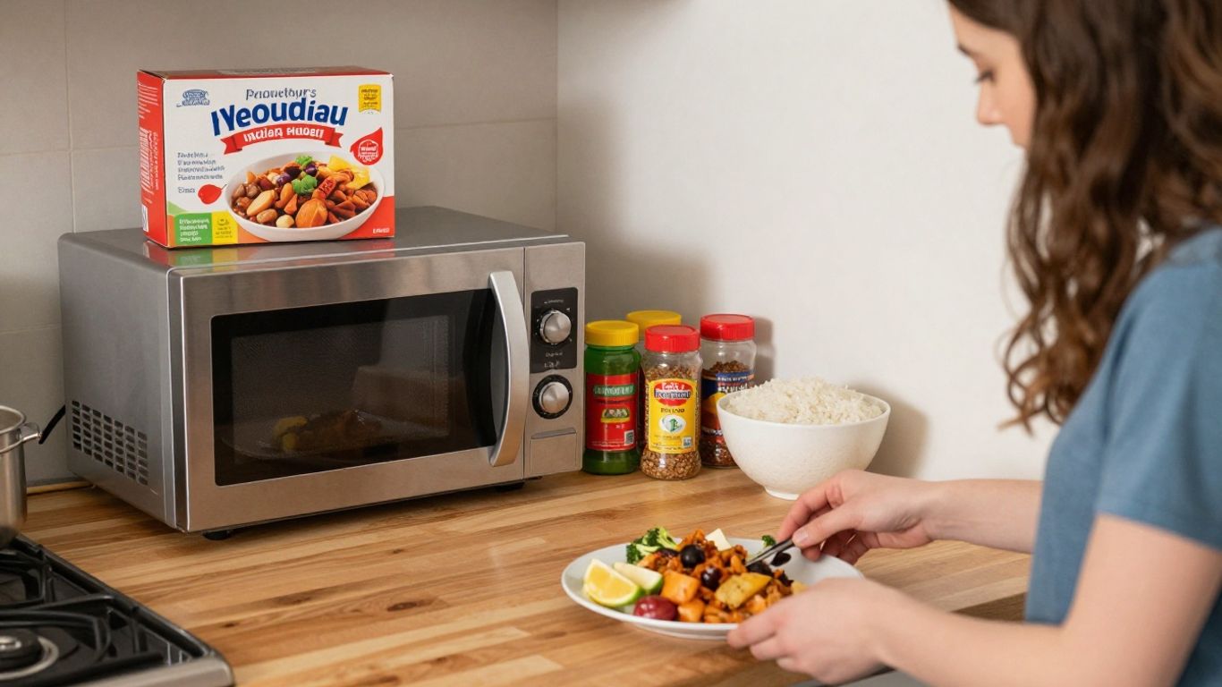 Student arranging frozen Indian meal boxes in a shared kitchen