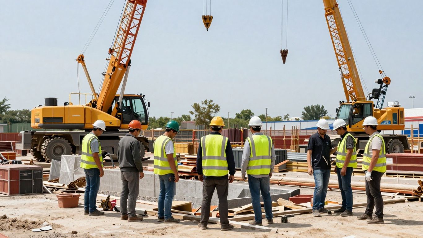 Construction site with workers and machinery.