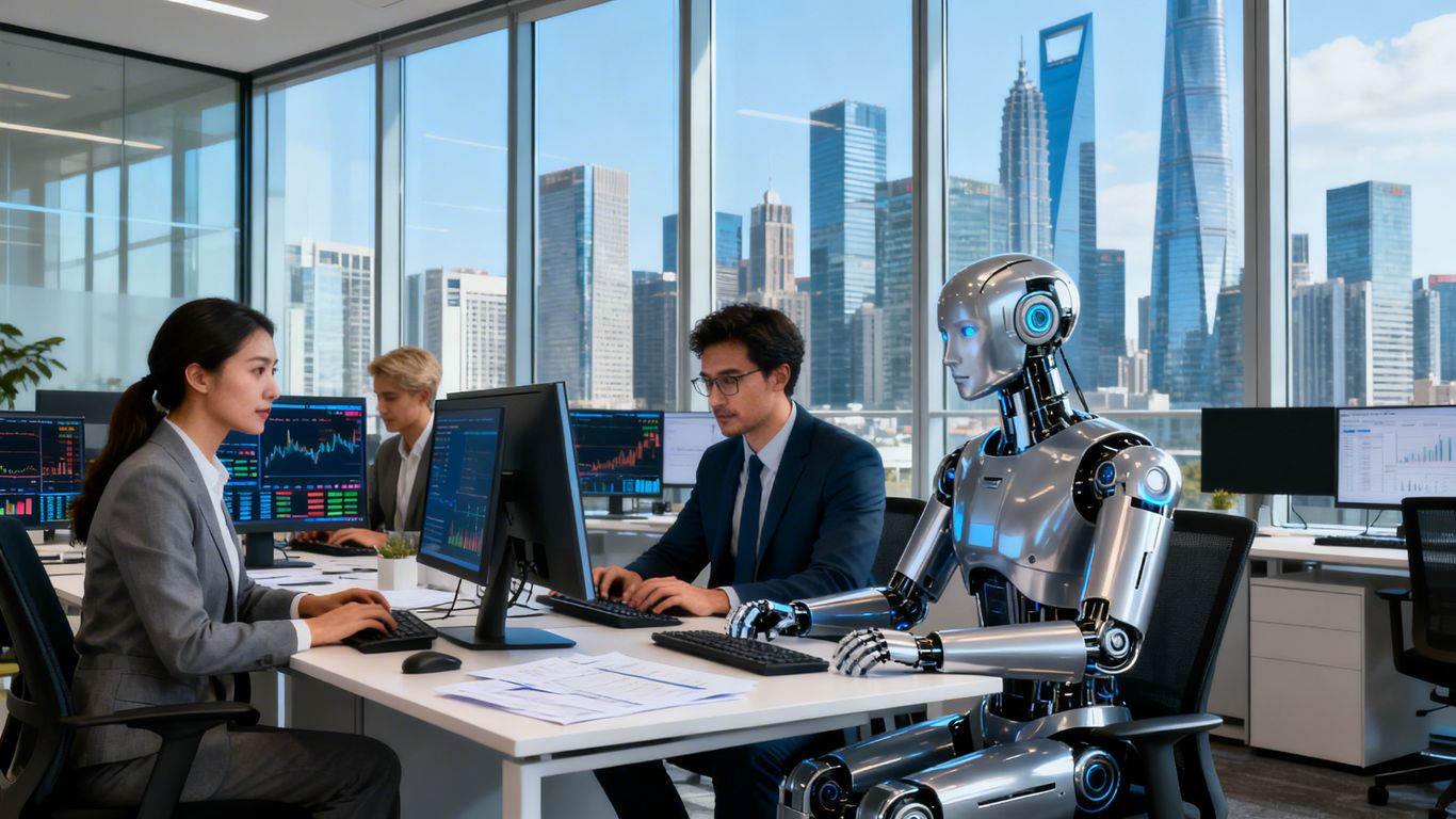 Robot and people analyzing investments in modern office