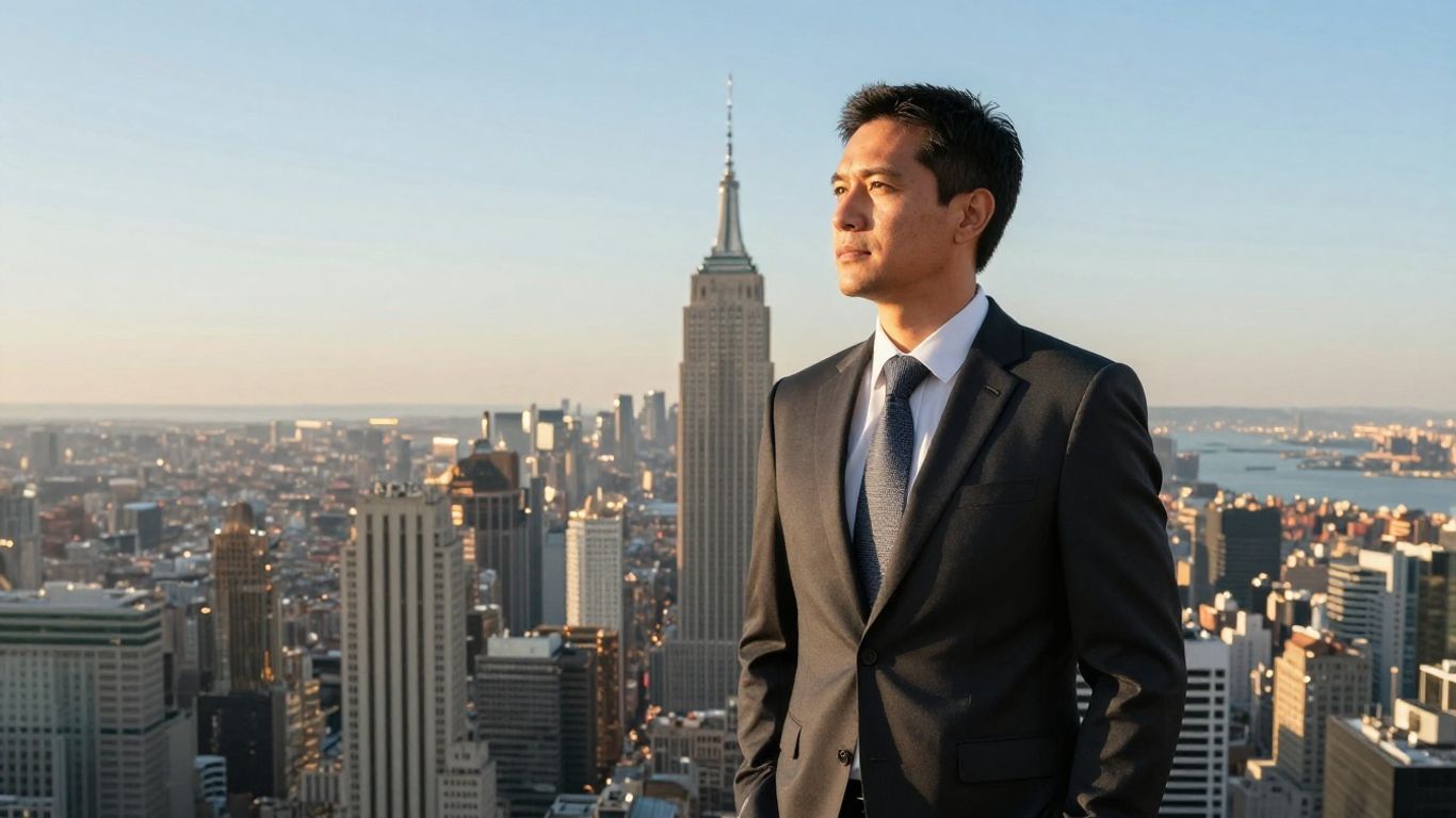 Executive overlooking city, symbolizing SaaS revenue growth.