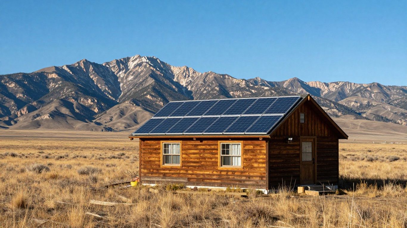 Off-grid cabin in Utah wilderness with solar panels.