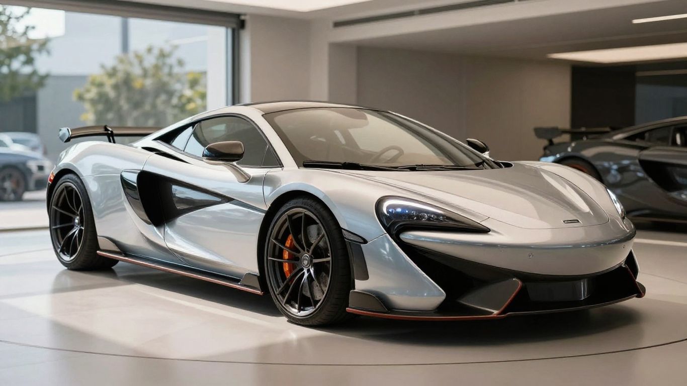 McLaren supercar in a modern garage.