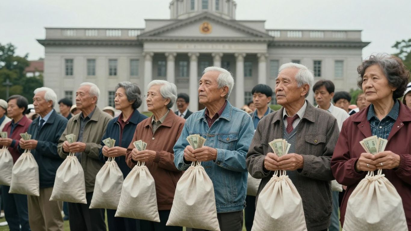 Older adults handing over money to government.