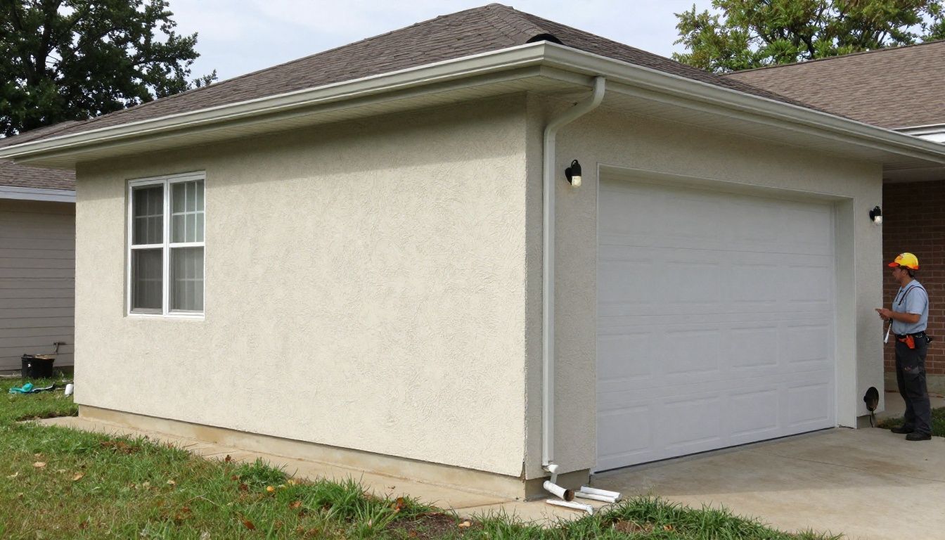 Photorealistic stucco contractor professionally restoring a residential exterior in a Chicagoland neighborhood, realistic tools and textures, natural lighting, no text or logos