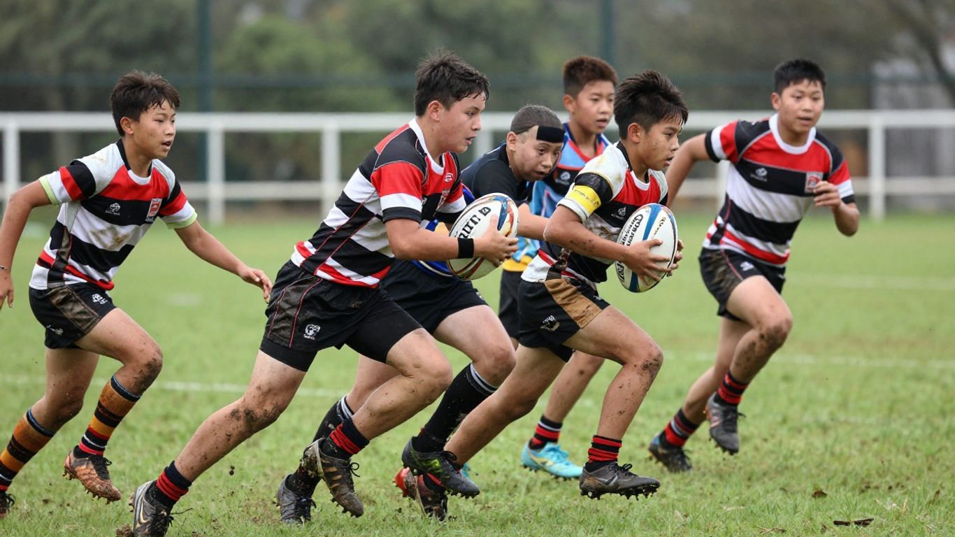 Junior rugby league players in action on a green field.