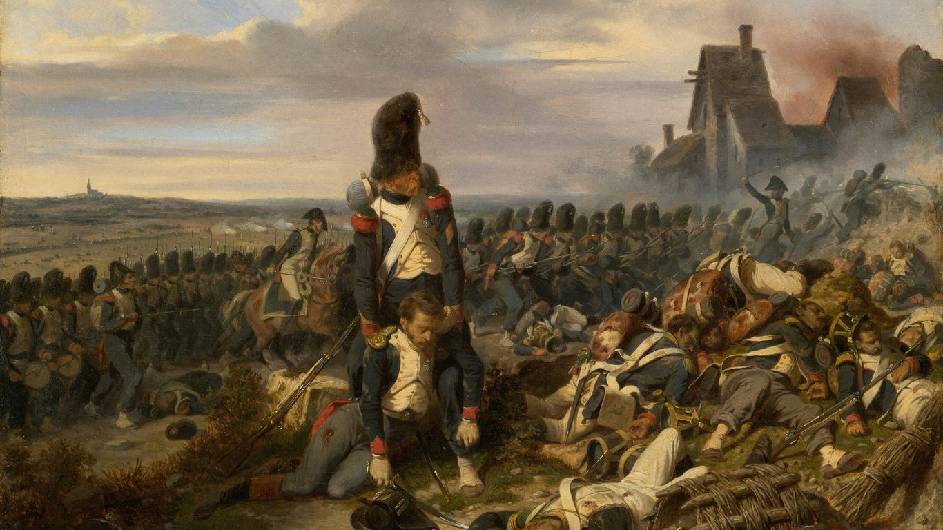 Soldiers resting after a battle with smoke in background