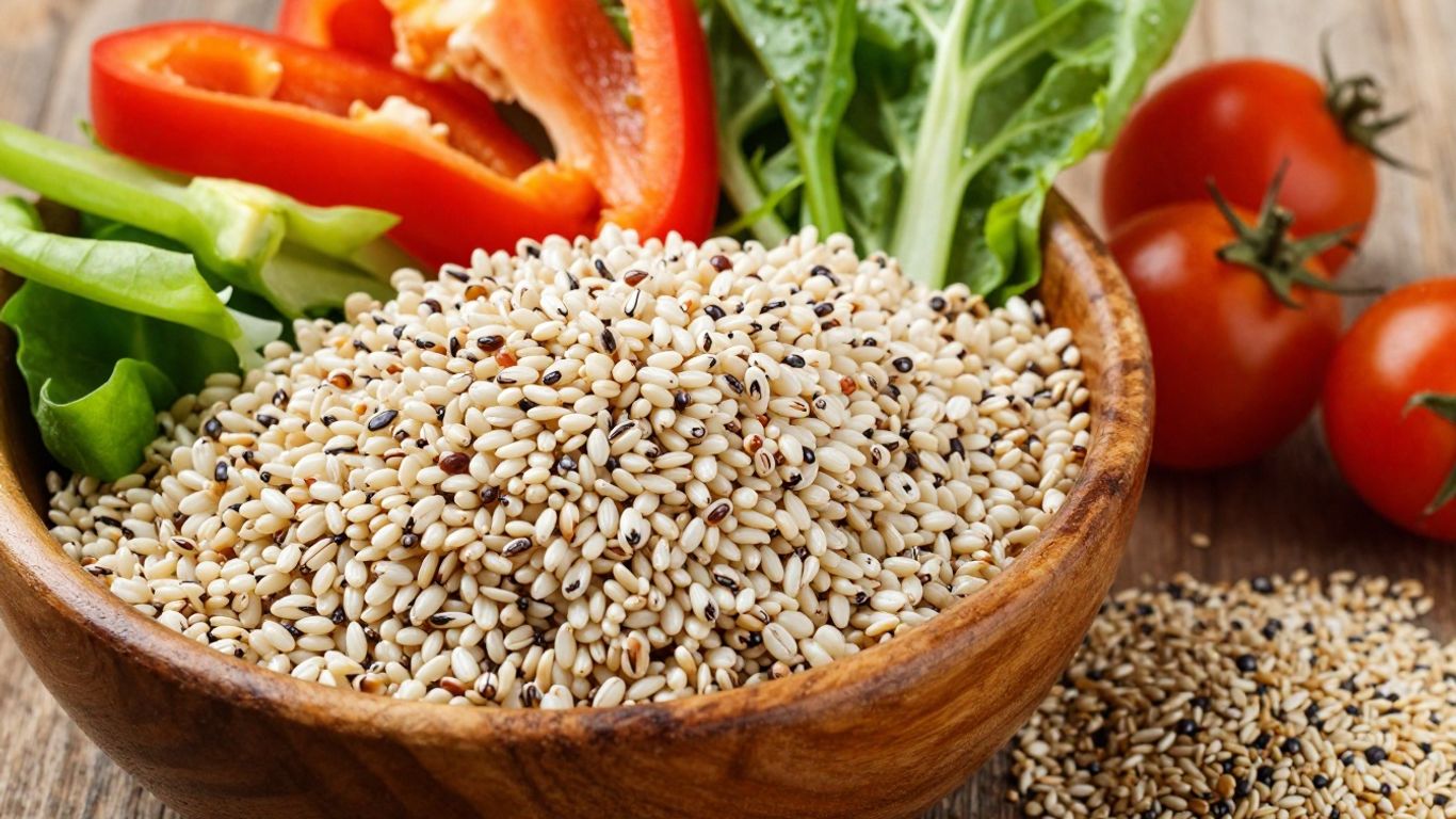 Kaniwa grains with fresh salad ingredients in a bowl.