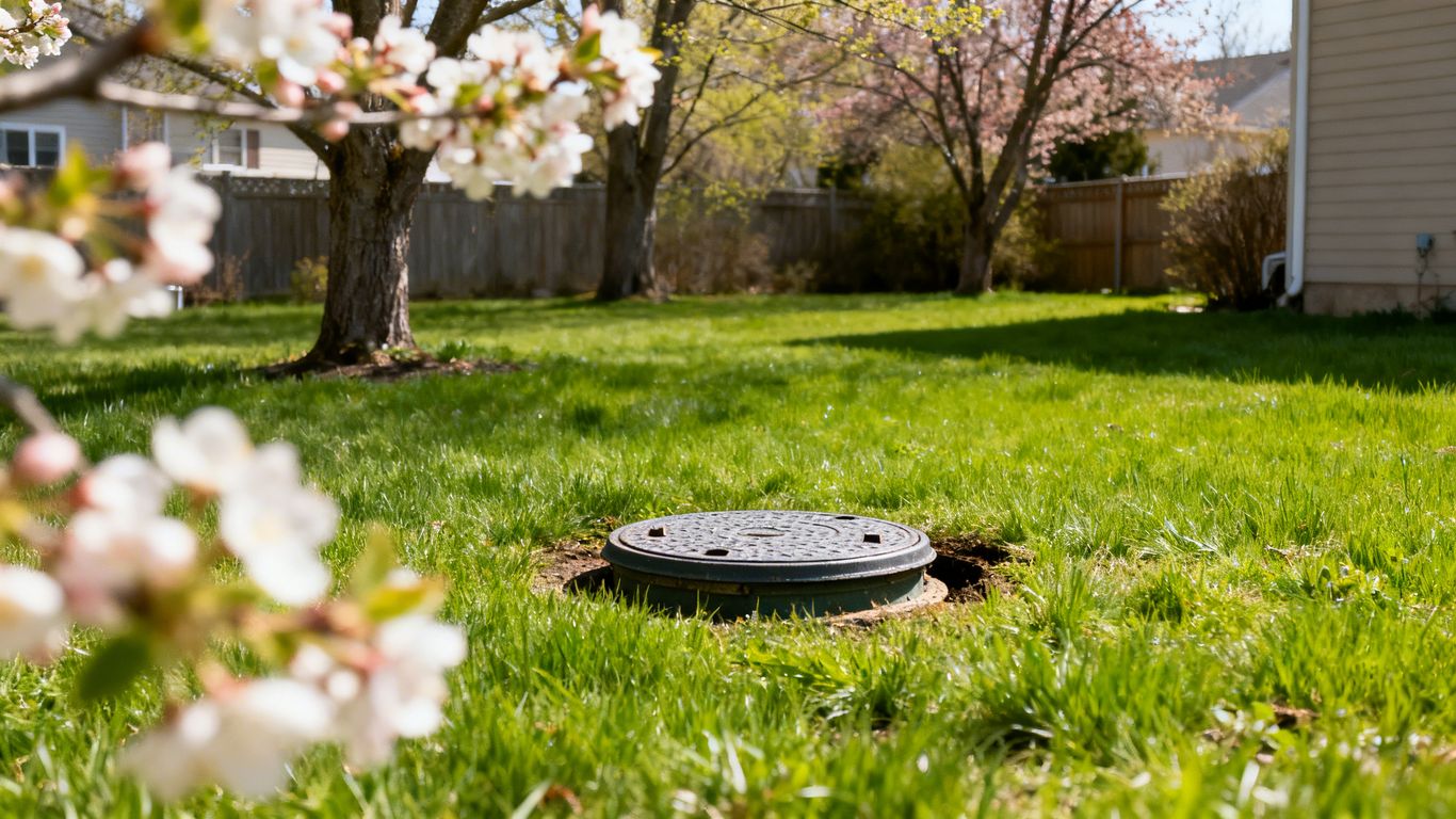 Septic tank lid in a spring backyard.