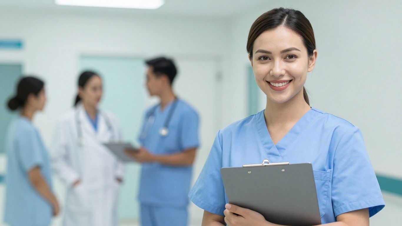 Nurse smiling, holding clipboard in hospital setting.