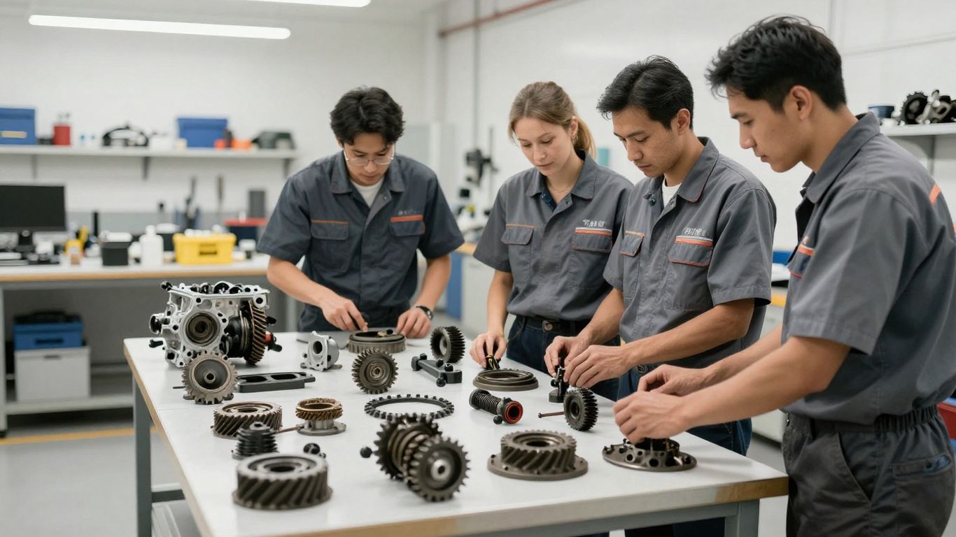 Mechanics inspect a variety of clean used car parts