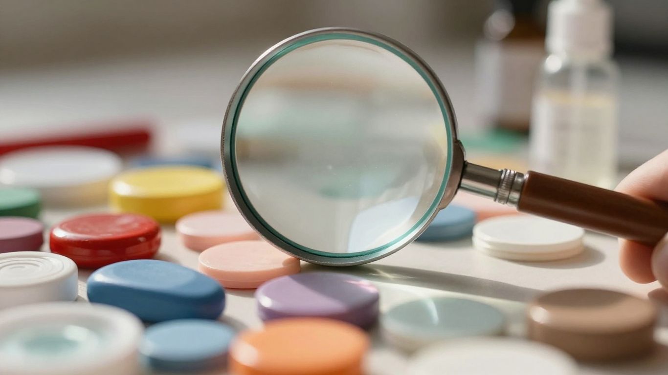 Magnifying glass over diverse products, Amazon product research concept.