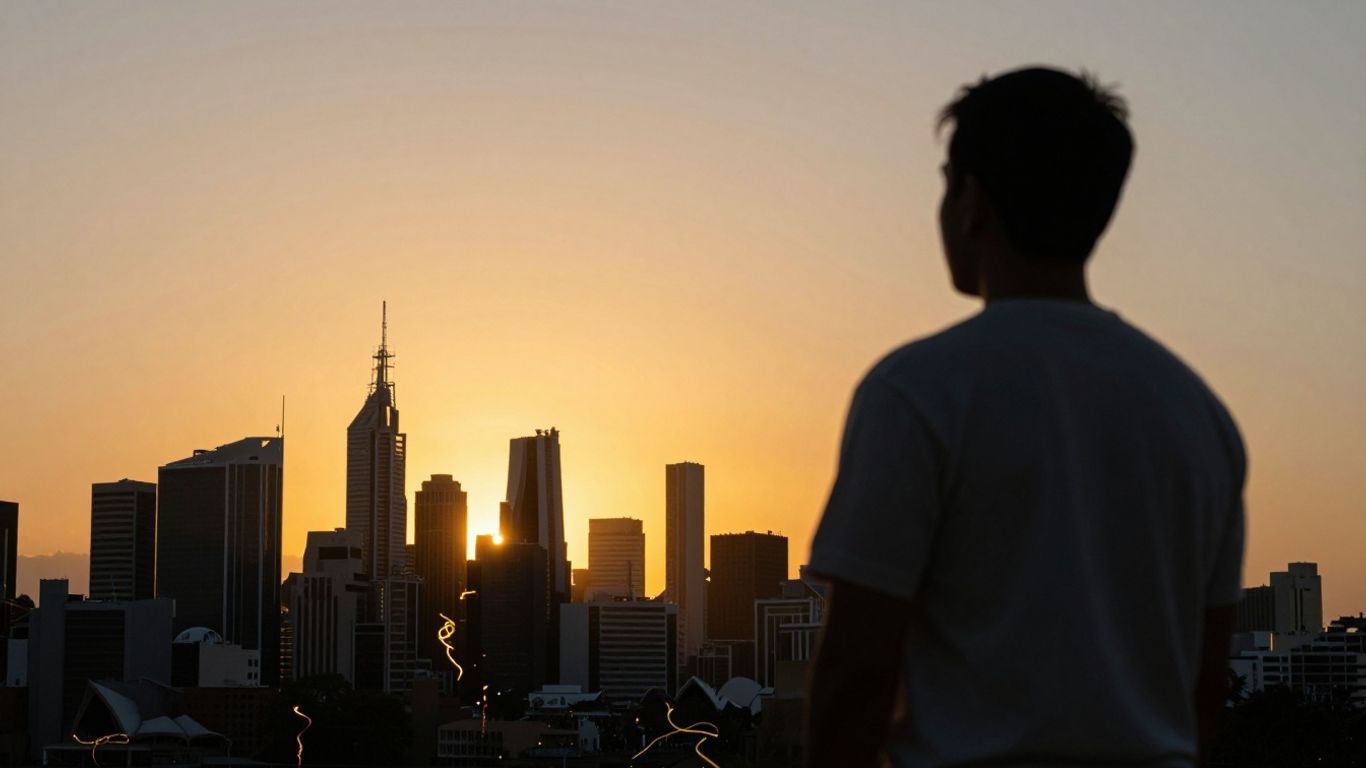 Australian cityscape at sunset with person looking towards opportunity.