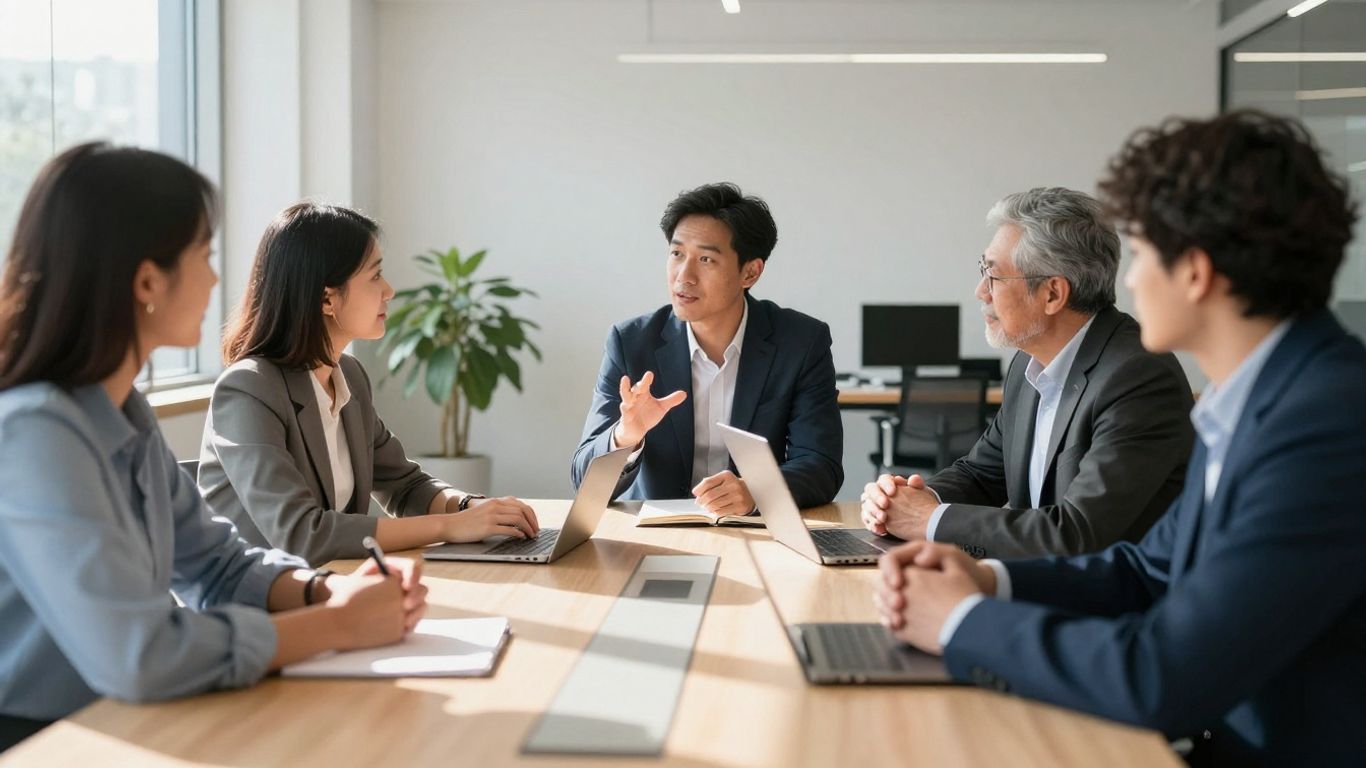 Team collaborating in a modern office setting.