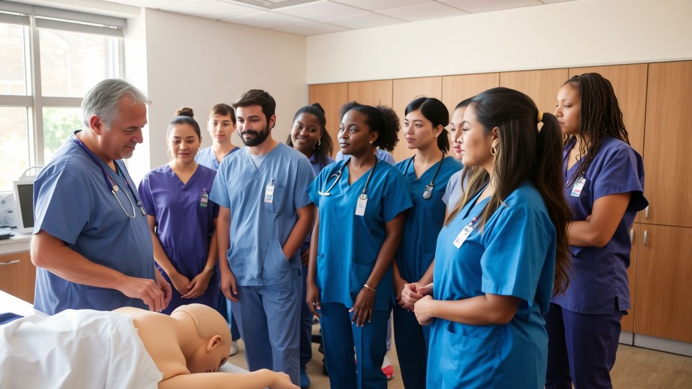 Students learning nursing skills in a classroom.