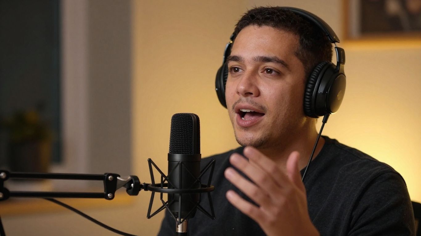 Persona hablando en un micrófono de podcast.