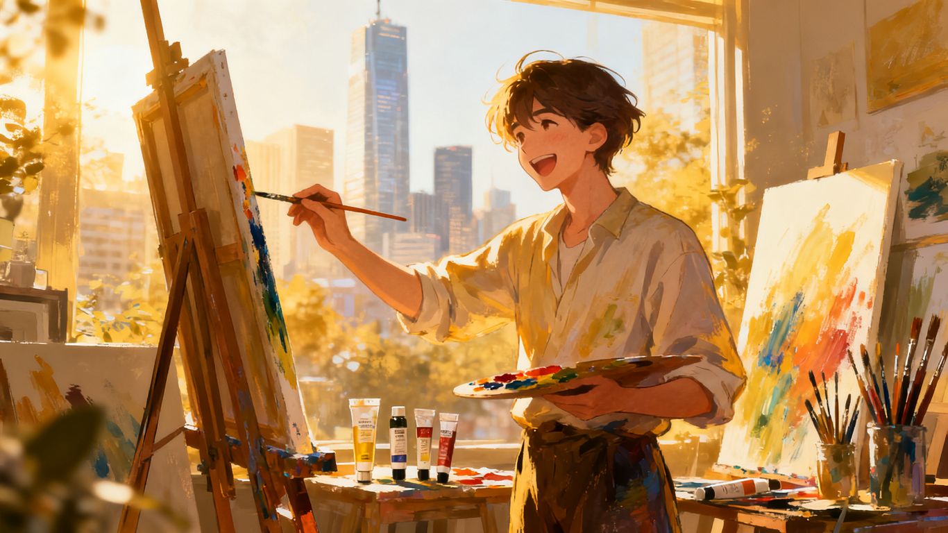 Artist painting in a bright studio, leaving corporate life behind.