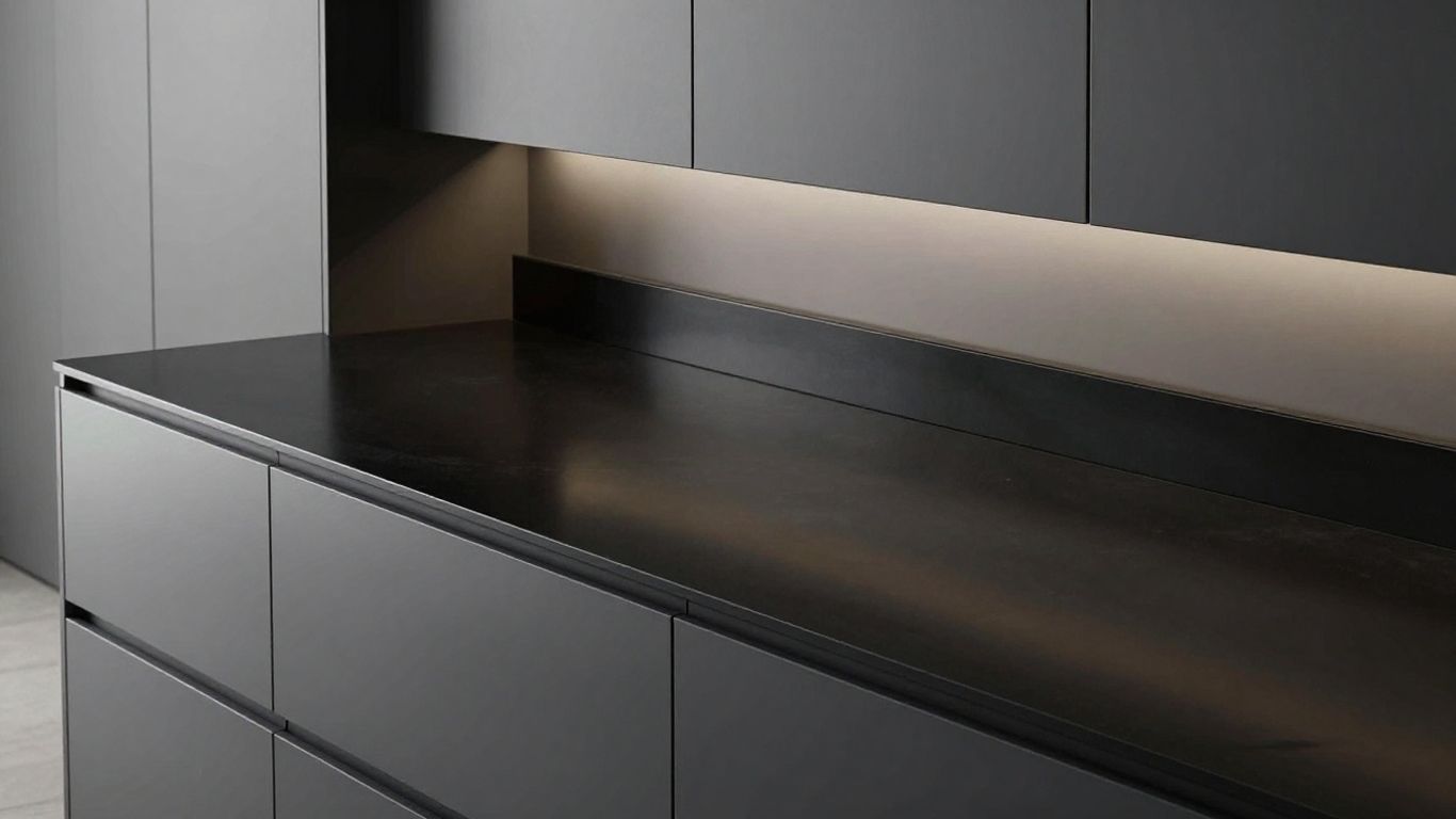 Sleek black kitchen worktop with modern cabinetry.