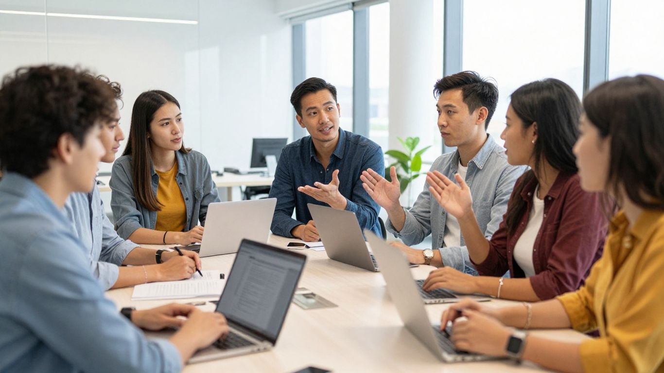 Profesionales colaborando en un entorno de oficina moderno y luminoso.