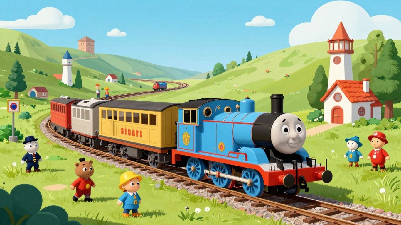 Thomas the Tank Engine and friends in a colorful, illustrative landscape.