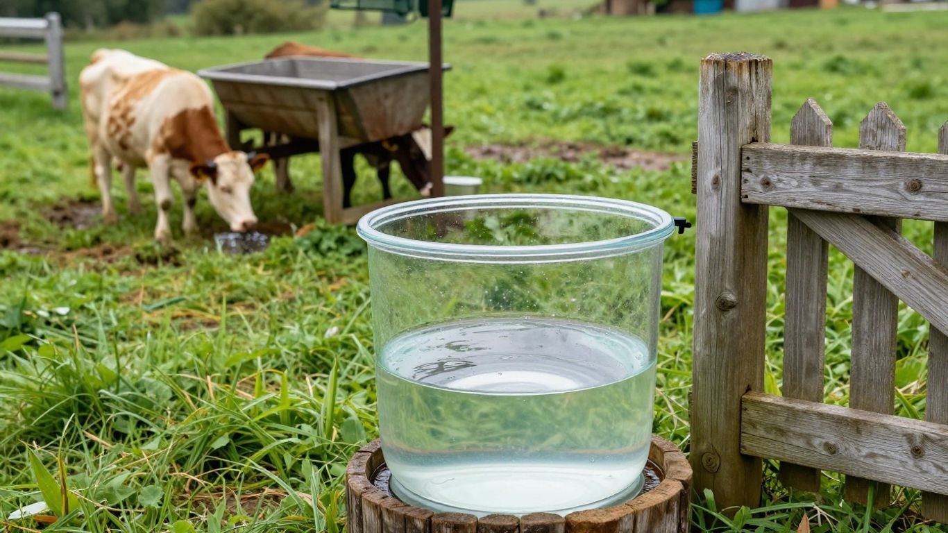 Farm animals drinking clean rainwater from a trough.