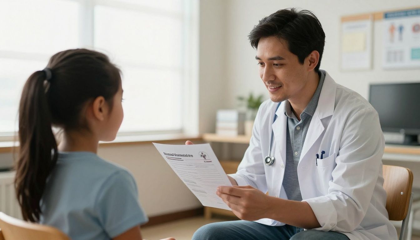 Parent reviewing school health forms with a child before a scheduled pediatric physical in Chicago, natural light, warm family-focused scene, photorealistic, no text or logos