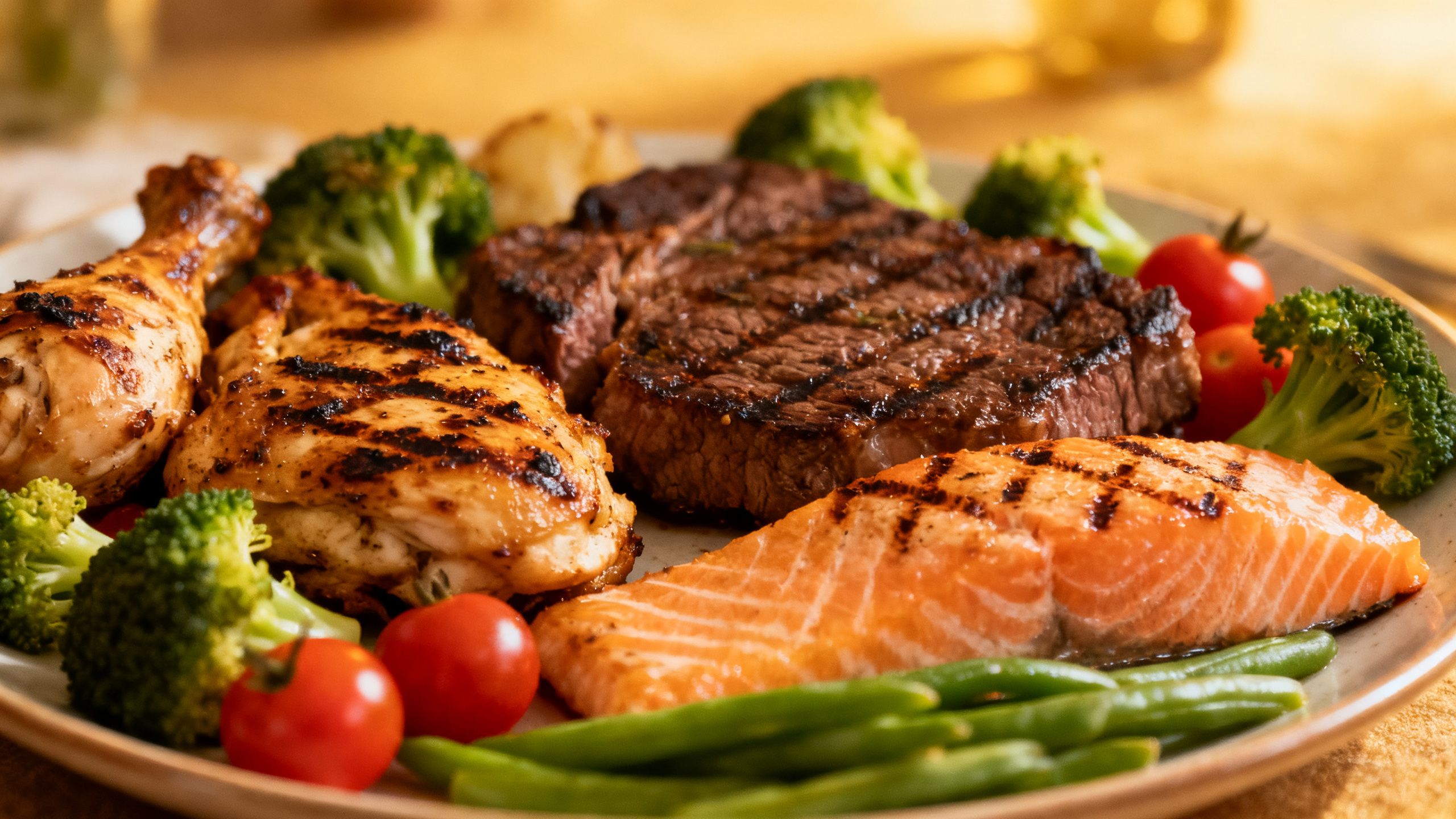 A plate with a large portion of grilled chicken, steak, and salmon, surrounded by fresh vegetables.