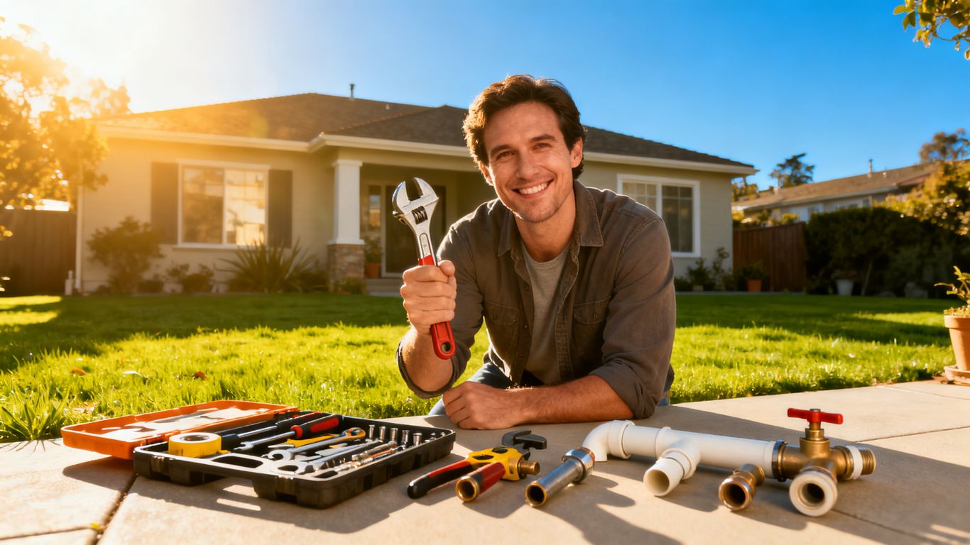 Oakland home plumbing checklist, homeowner with wrench.