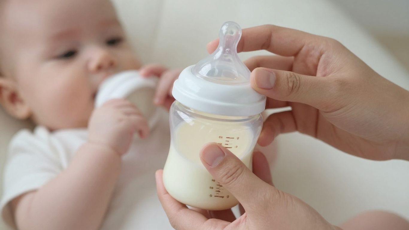 Bebé sosteniendo un biberón con leche de fórmula.