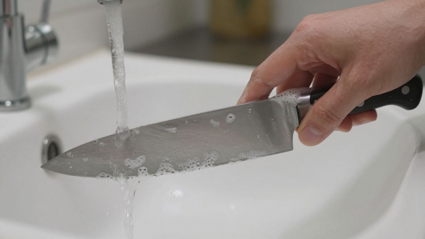 Hand washing a chef's knife safely under running water.