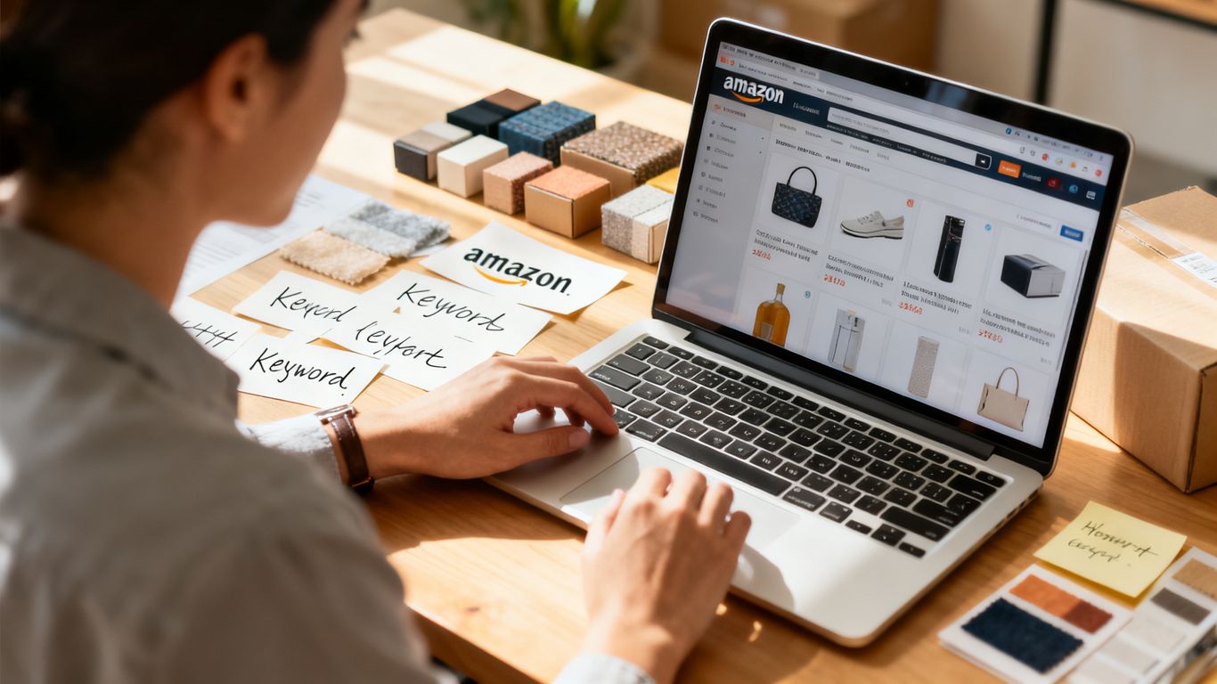 Seller reviewing Amazon keyword patterns beside product packaging