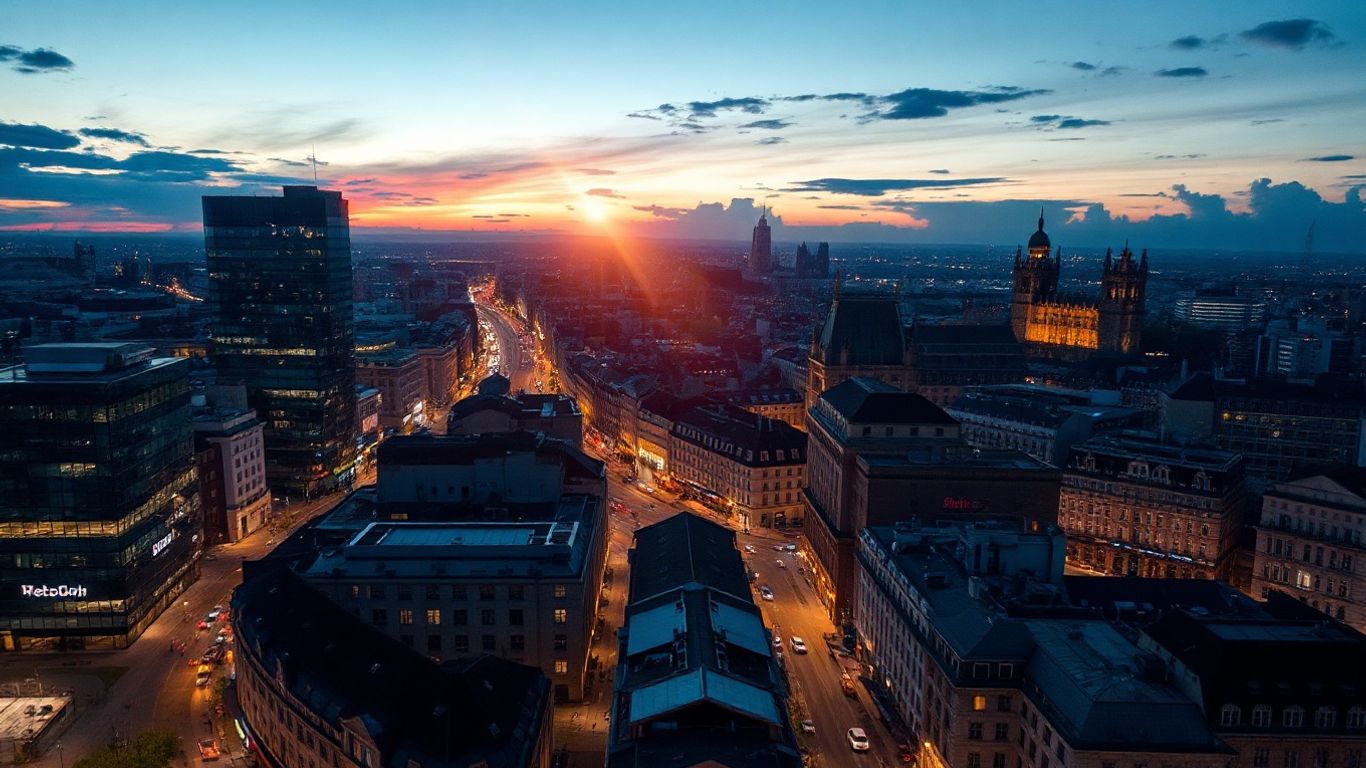 European cityscape at dusk with digital glow