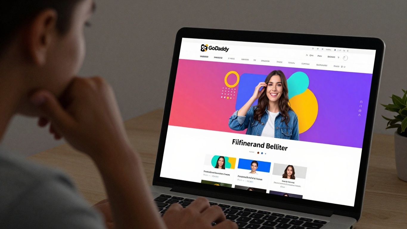GoDaddy website builder interface on a laptop and a finished website.